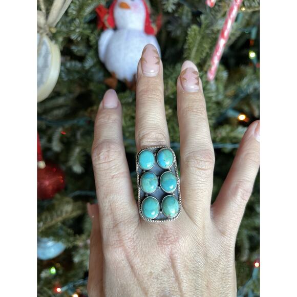 Sterling Silver NATIVE Style Turquoise Cluster Ring Adj 5.5-8 Large SW Statement - Picture 4 of 9